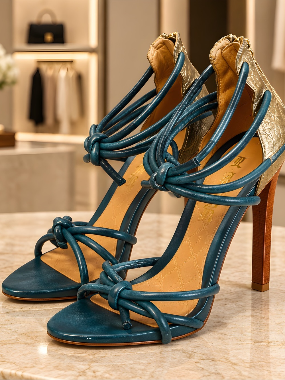 L.A.M.B. Blue Strappy Leather High Heels 8 1/2 M